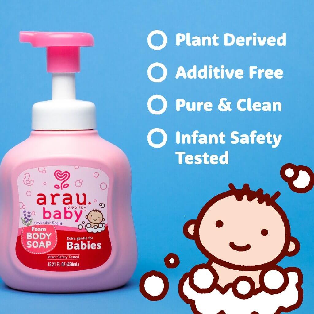 arau baby foam body soap benefits bullet point blue background